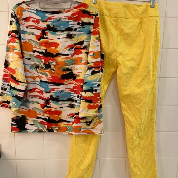 Peck & Peck Pants - Peck and Peck sunshine in an outfit-Colorful Abstract Top and Yellow Pants Set